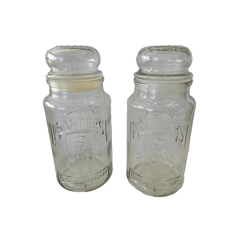 2 Vintage 1981 75th Anniversary Planters Mr. Peanut Glass Jar W/Lid Canister EUC